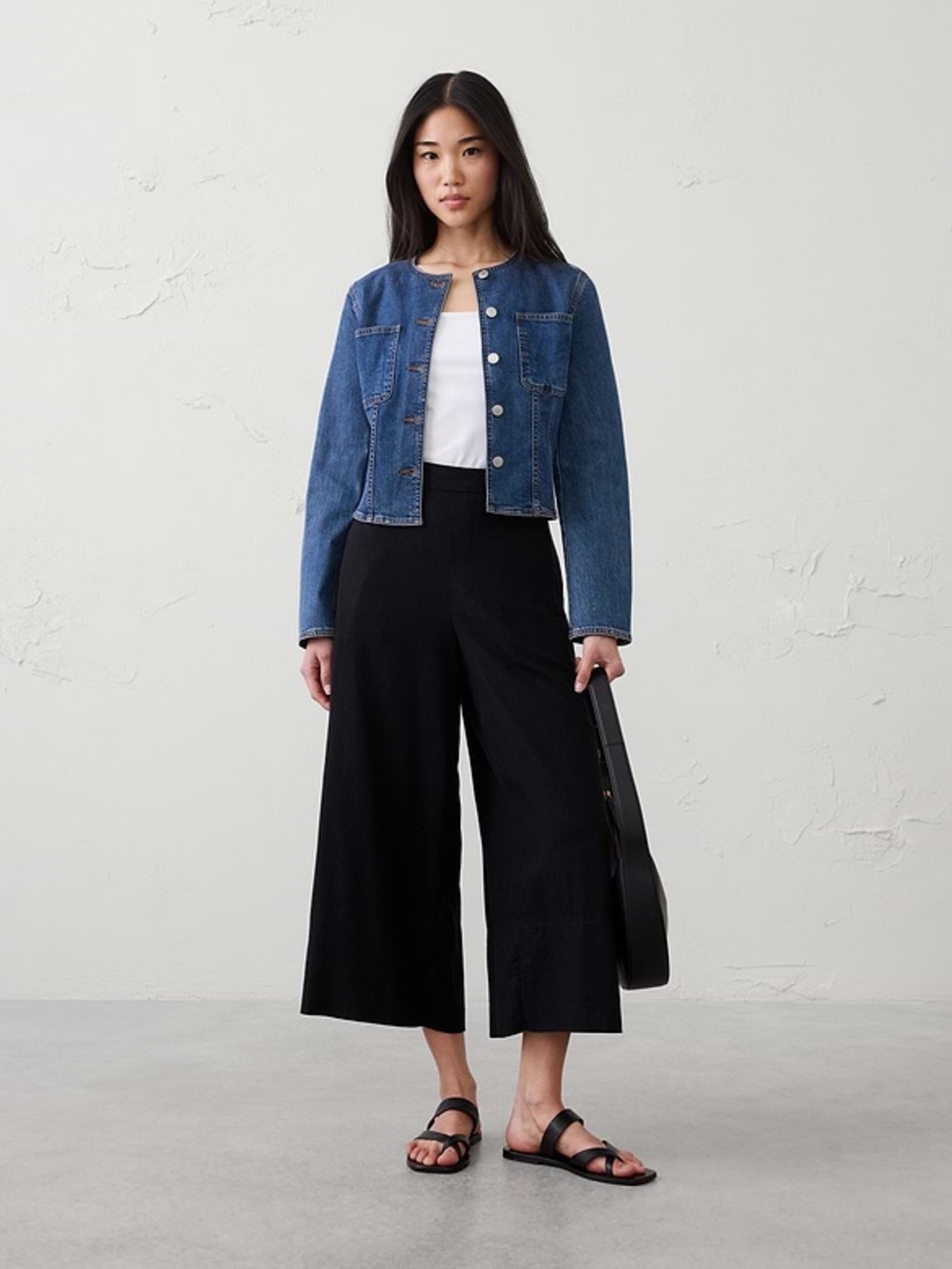 Banana Republic ANYDAY WIDE-LEG HIGH-RISE LINEN-BLEND CROPPED PANT XL Black